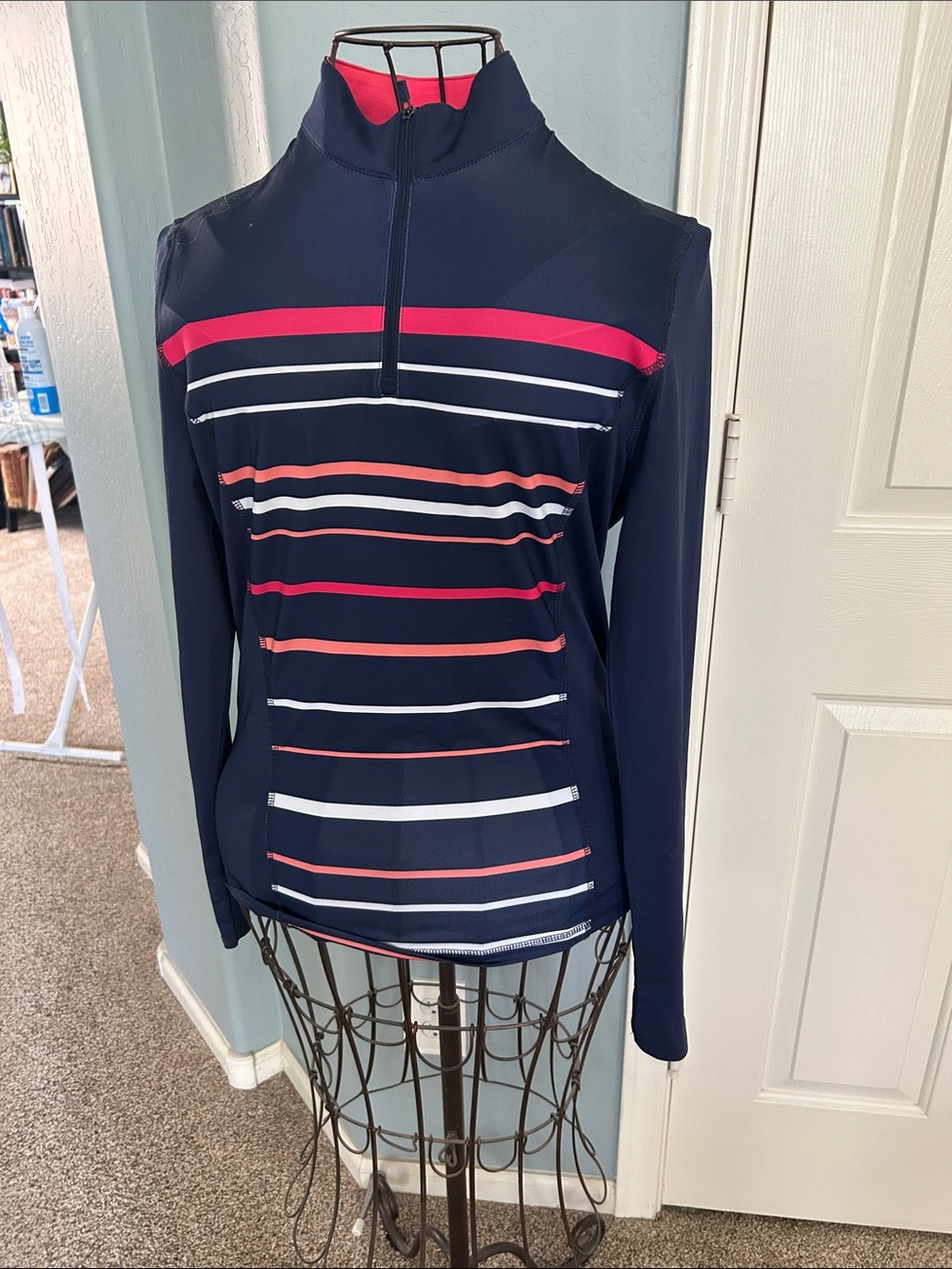 Callaway Navy Long-Sleeve Quarter-Zip Top with Pink and White Stripes